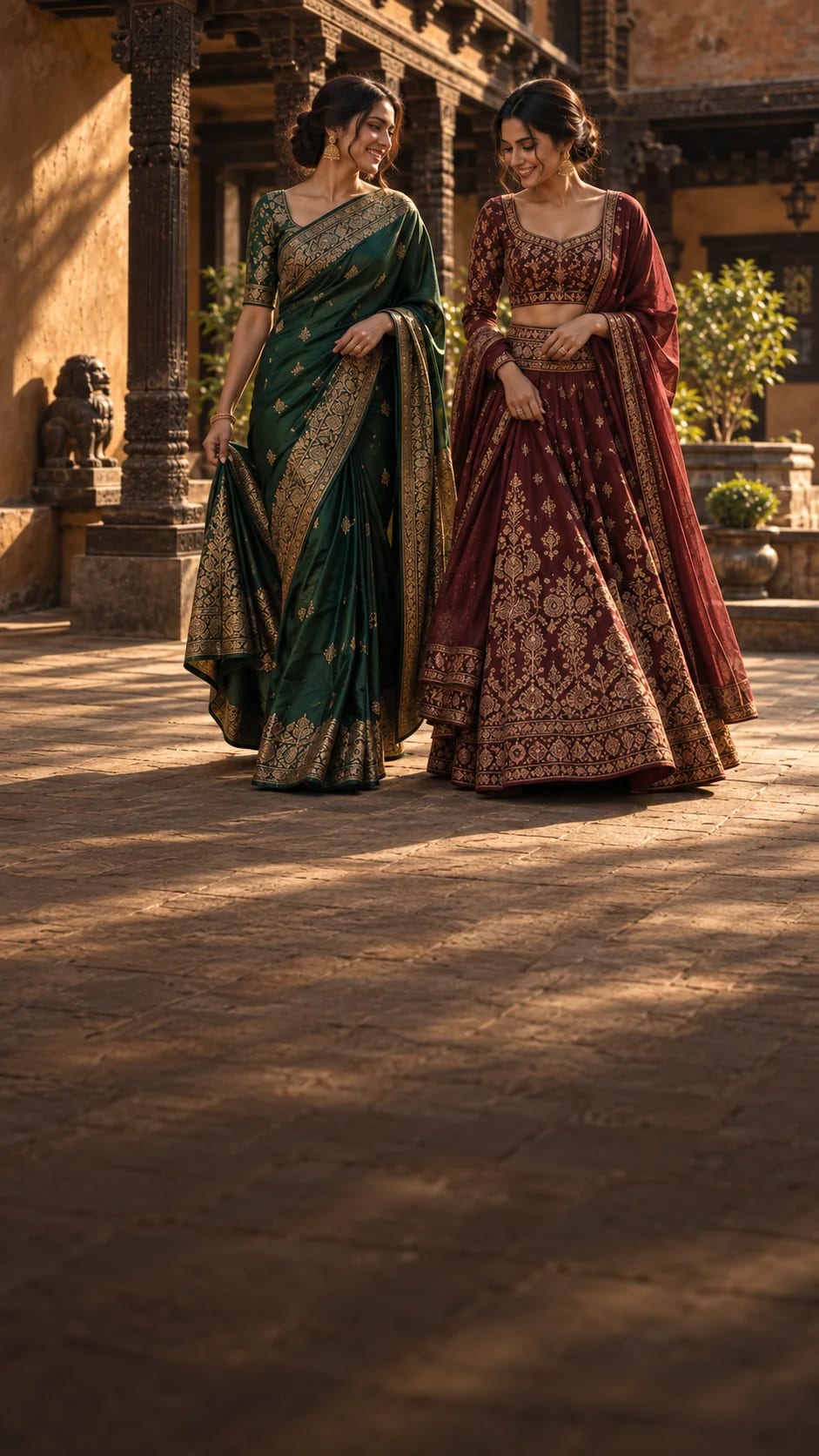Editorial campaign: two women in an emerald saree and burgundy lehenga in a sunlit heritage courtyard